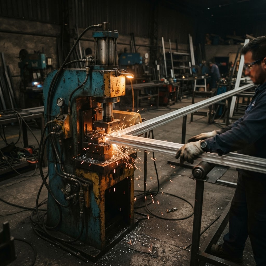 Máquina troqueladora neumática procesando un perfil de aluminio